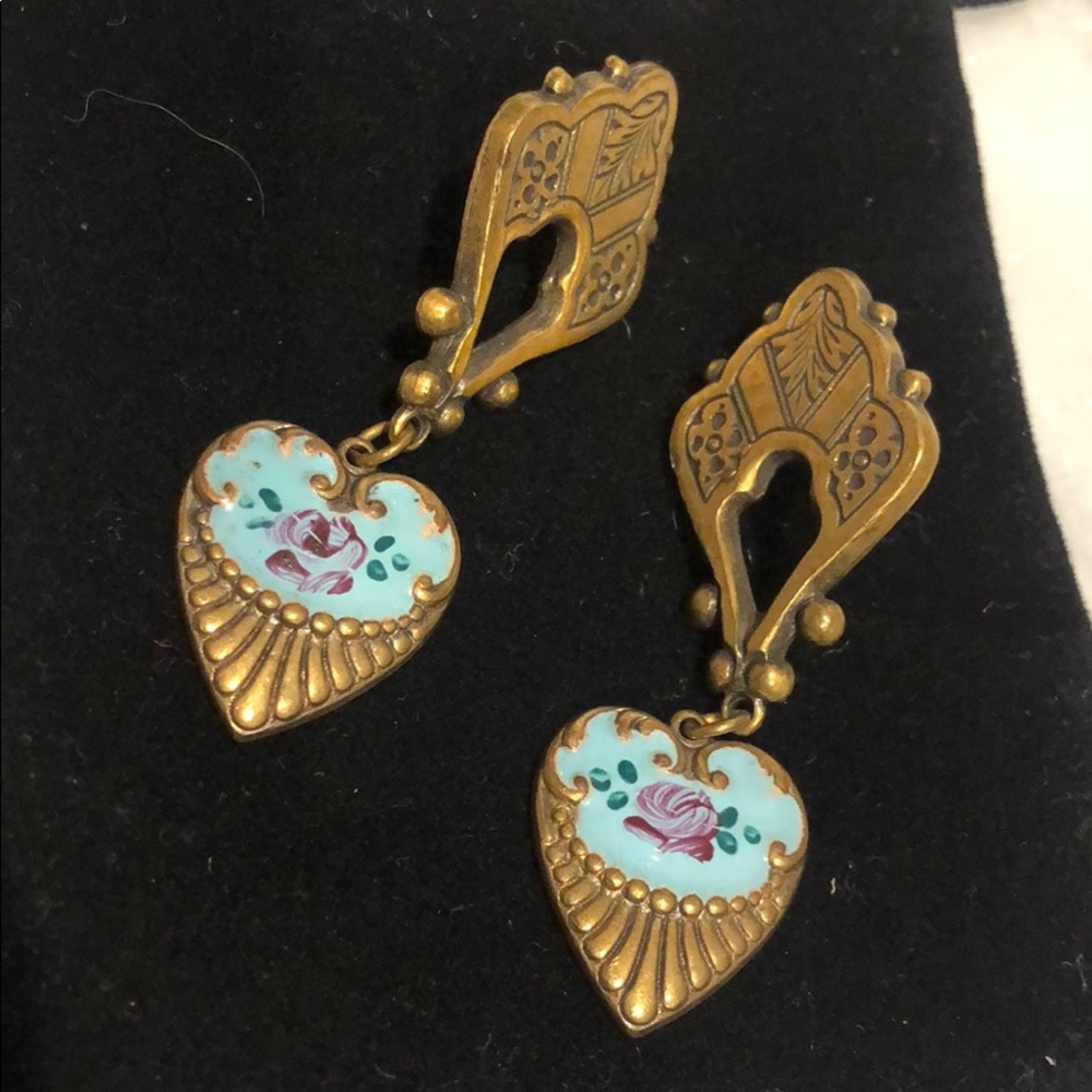 Vintage Heart Drop Earrings with Floral Design - Picture 2 of 5
